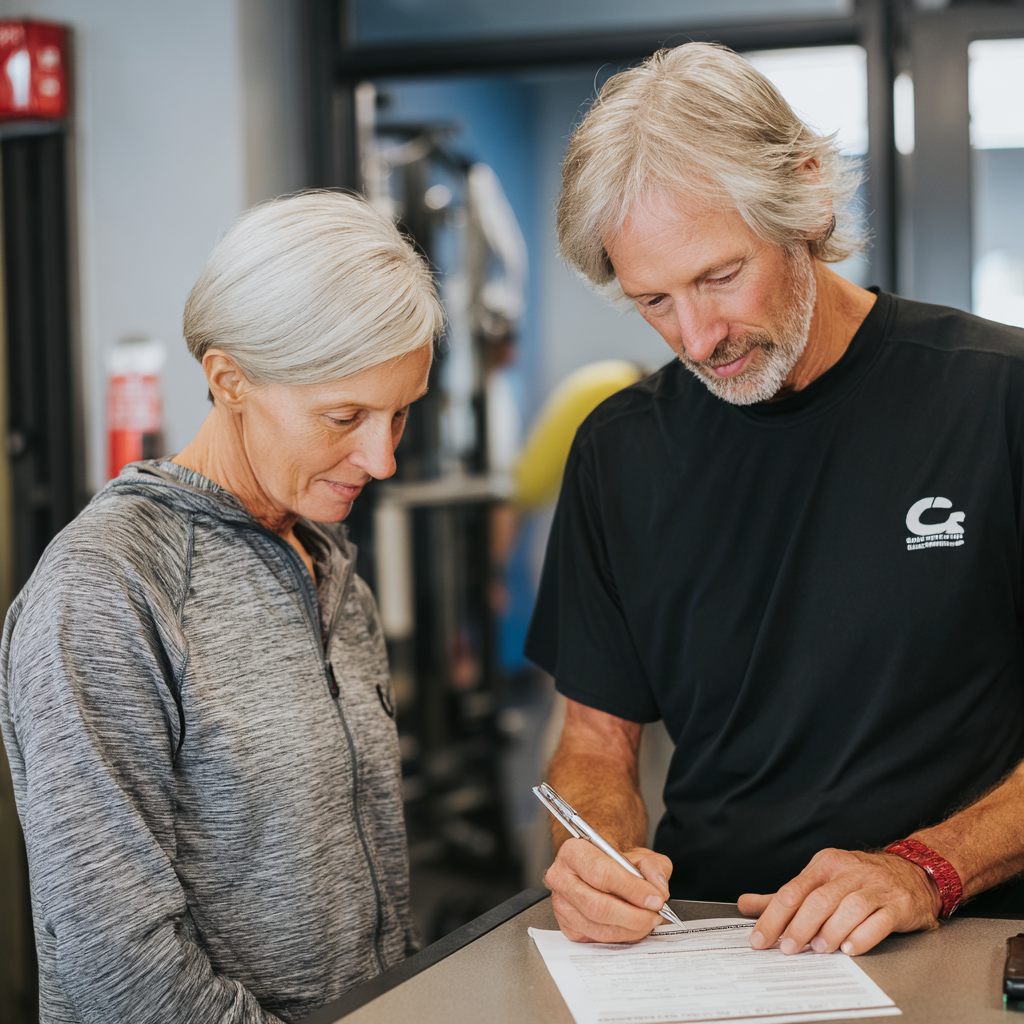 Професійний фітнес-консультант віком 58 років допомагає новому клієнту заповнити анкету для запису на тренування у gruspentil