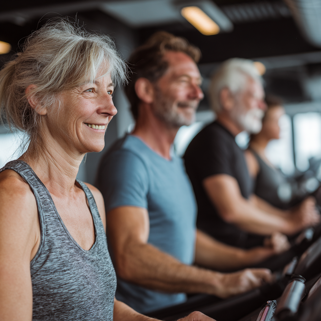 Група людей віком 50-60 років виконує кардіо тренування на біговій доріжці у професійному фітнес-залі gruspentil