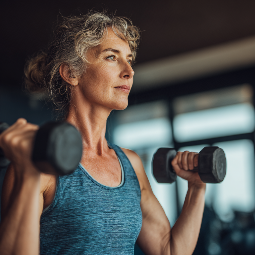 Активна жінка віком 55 років виконує силові вправи з гантелями у сучасному фітнес-залі, демонструючи правильну техніку та концентрацію