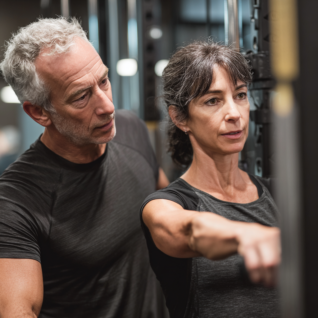 Досвідчений тренер віком 55 років консультує клієнта у фітнес-студії gruspentil, демонструючи правильну техніку виконання вправ
